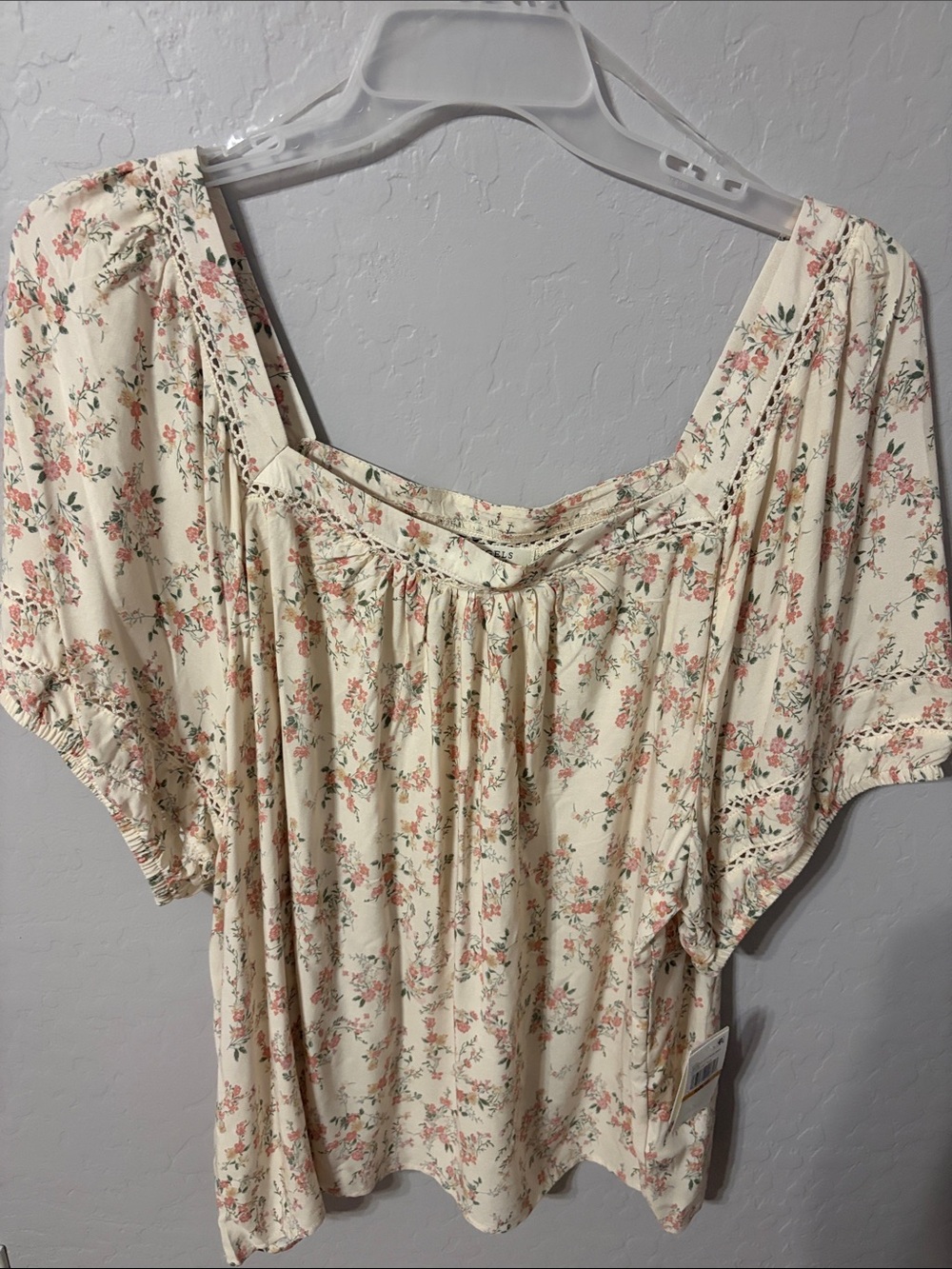 Angels Cream Floral Square-Neck Peasant Top